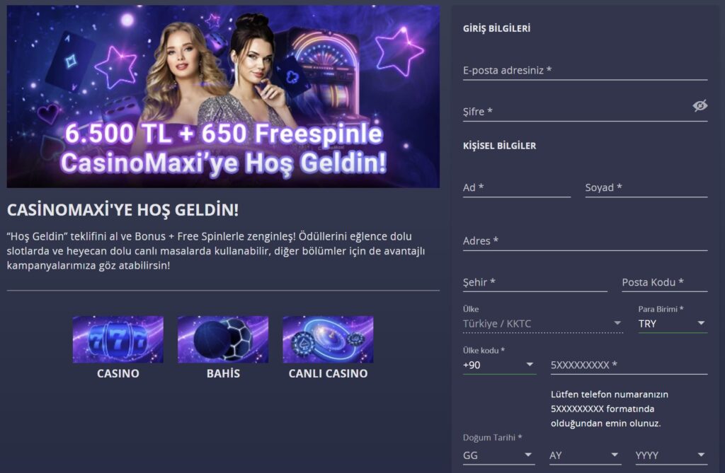 CasinoMaxi kayıt işleminin önizlemesi
